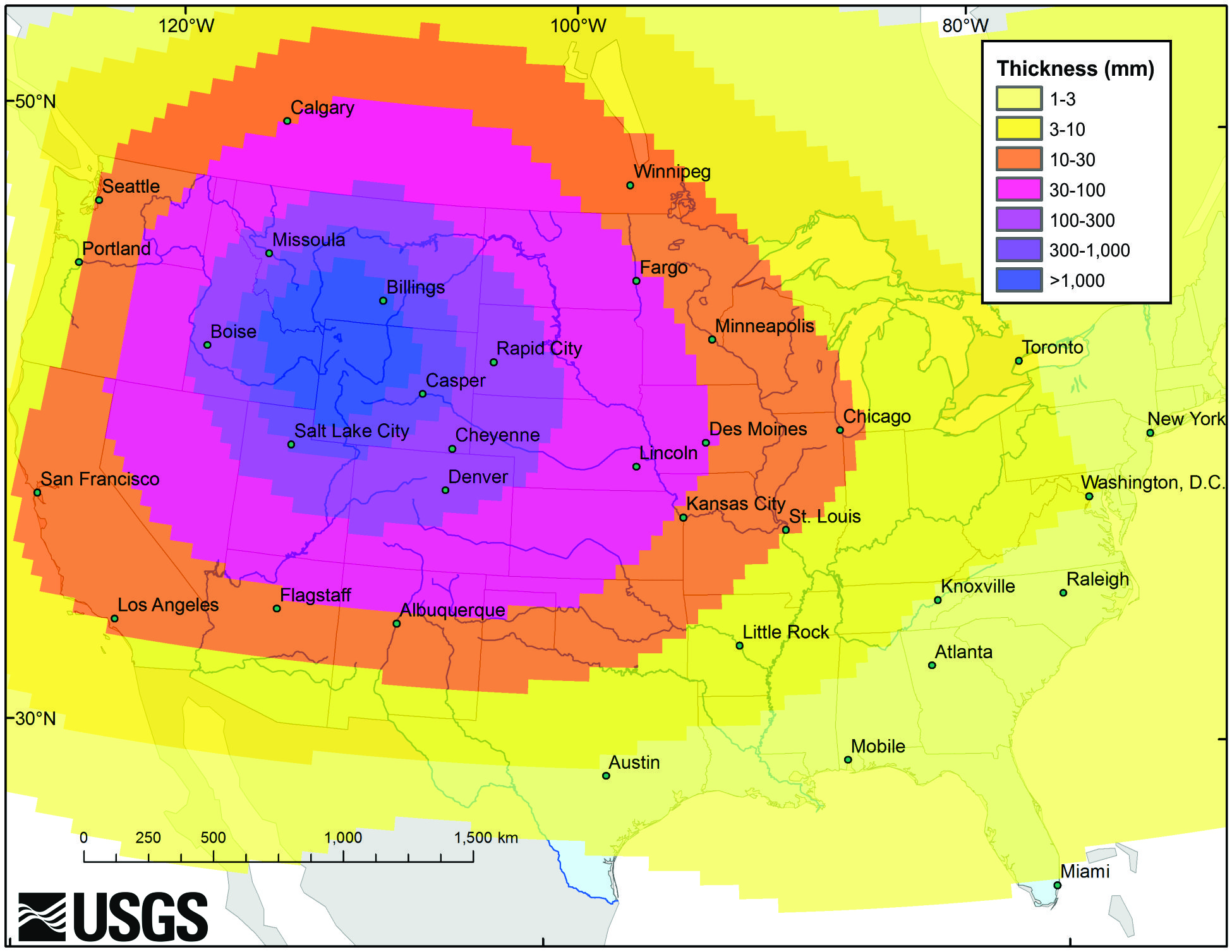 Predicted ash spread of yellowstone eruption in the US